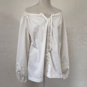 1970s Vintage Bohemian Poet Blouse with Drawstring Neckline & Lace Insets